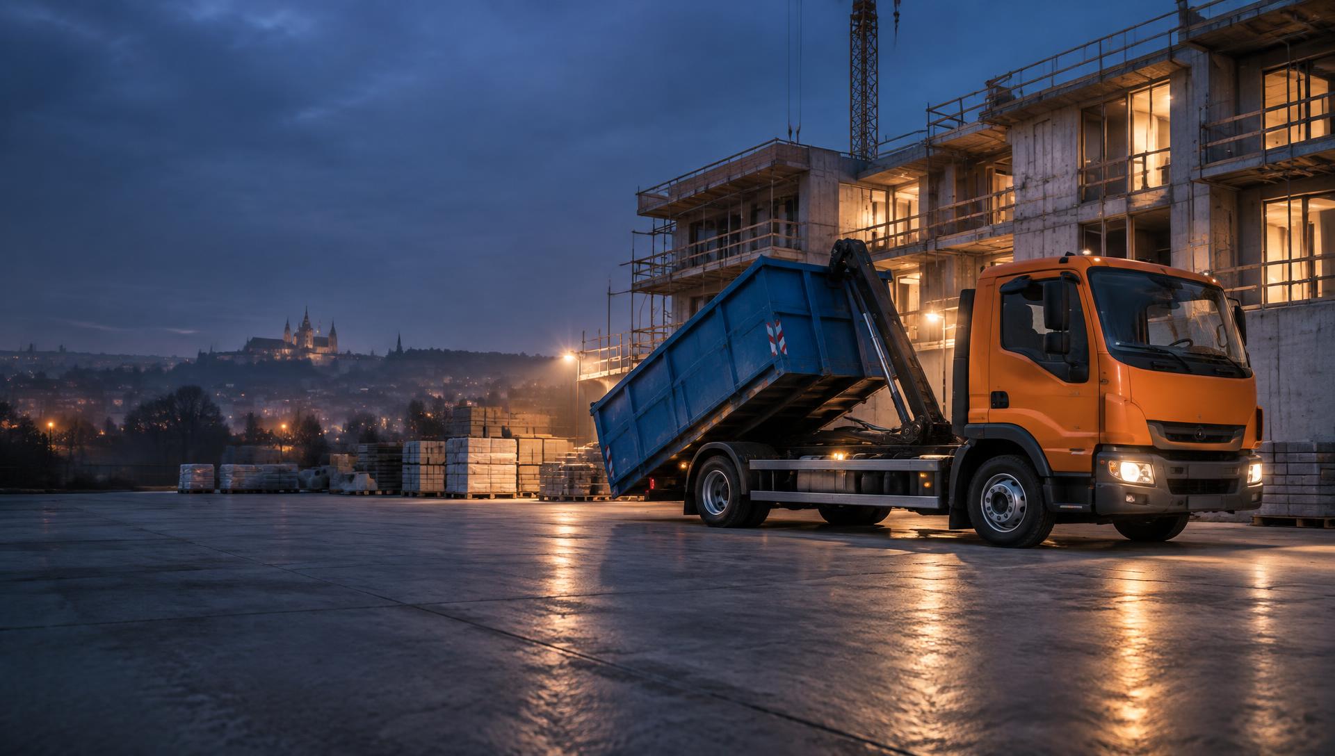 Oranžový kontejnerový vůz s kontejnerem na stavbě v Praze